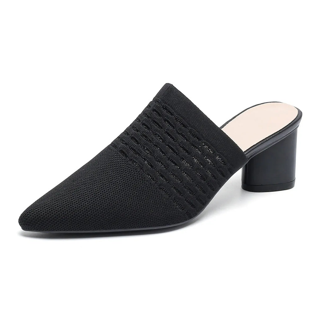 Women's pointed toe sandals with toe cap design, 5cm chunky heel, fabric upper in fishing line colours