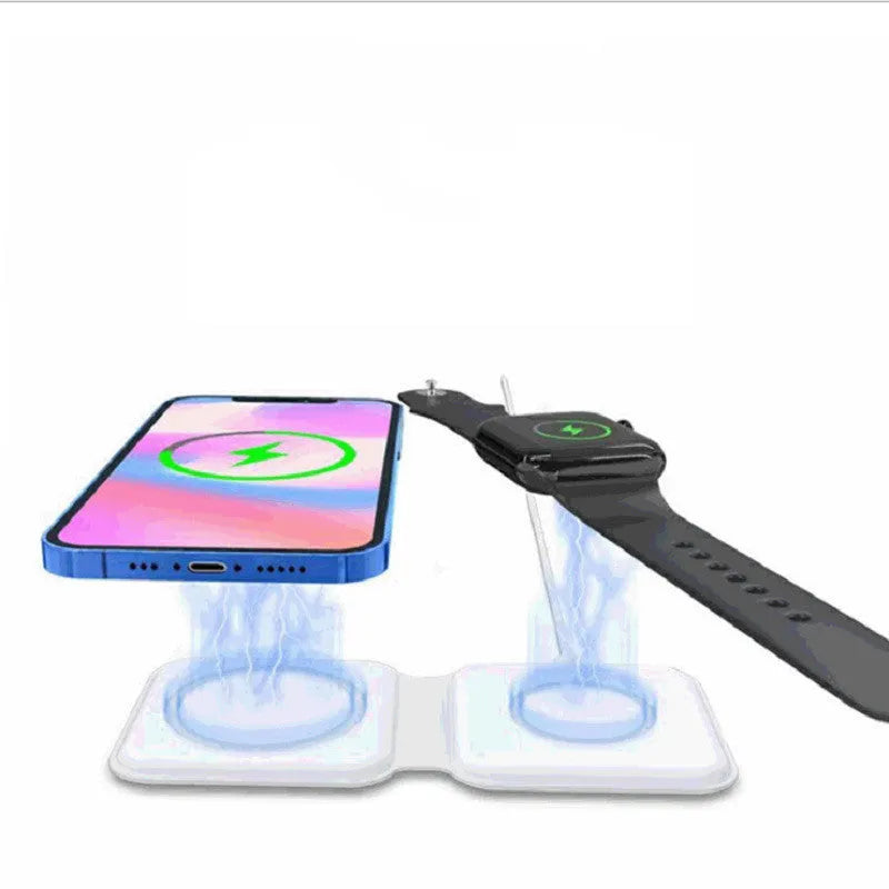 White foldable magnetic wireless charging dock showing dual charging surfaces and adjustable hinge