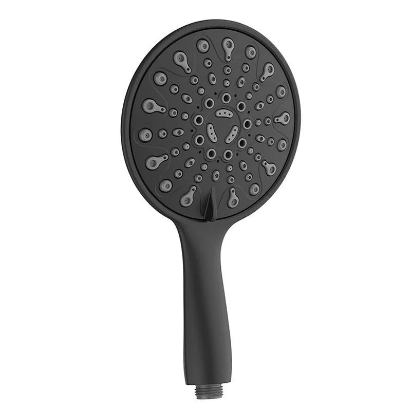 Six-function handheld shower head with electroplated finish measuring 6 inches in diameter