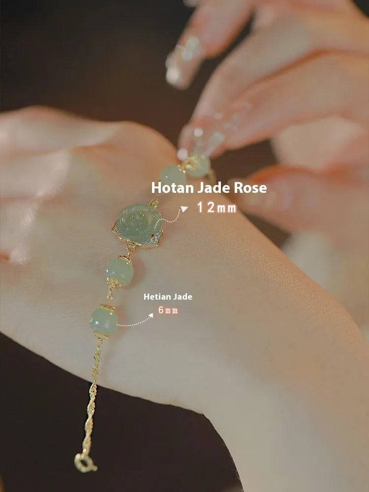 Women's bracelet with Hetian jade rose petals and 14K gold gilding in a floral design.