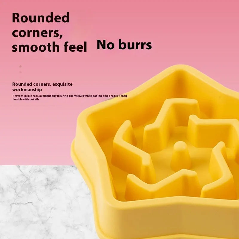 Yellow plastic dog slow feeding bowl with textured interior and anti-slip base measuring 20.1cm