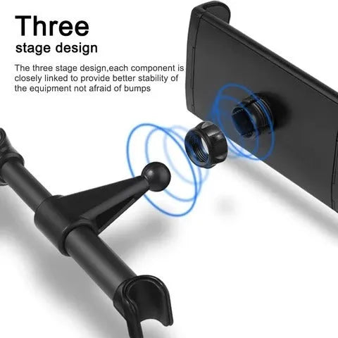 Black car phone holder attached to vehicle rear seat base with universal bracket holding tablet