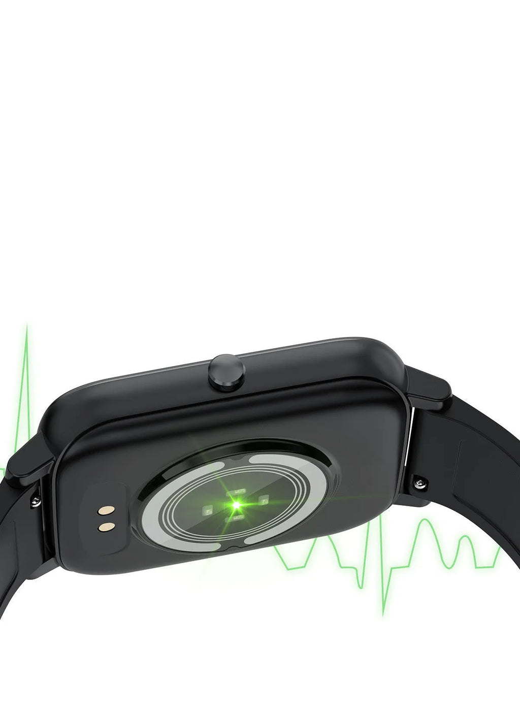 H80 Fashion Sports Smart Watch in black on wrist, showing ECG and blood oxygen monitoring on screen.