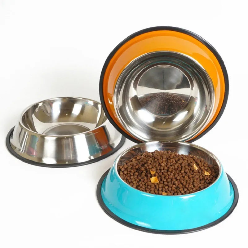 Stainless steel pet bowl with colourful melamine exterior and non-slip rubber ring base