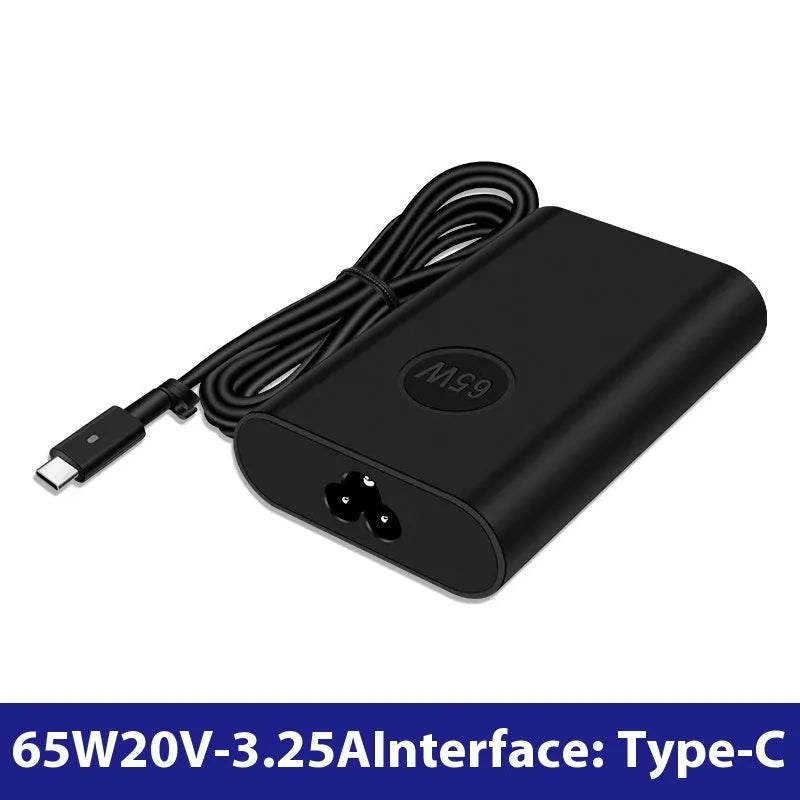Black 65W USB-C laptop power adapter with six international plug cords for UK US EU AU SA and CN sockets