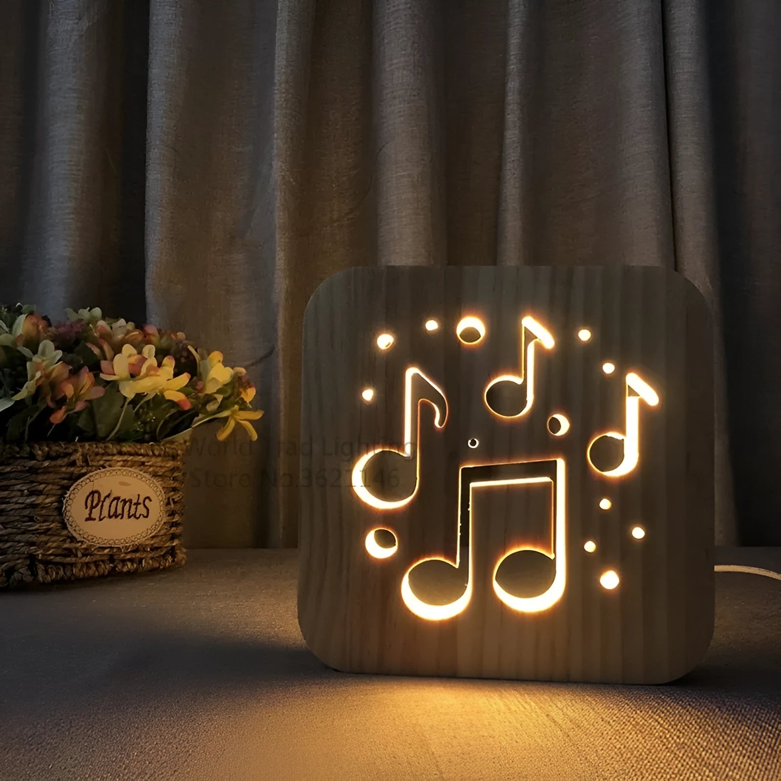 Wooden LED atmosphere light with warm white colour and USB cable, pine wood construction 19x19x3cm