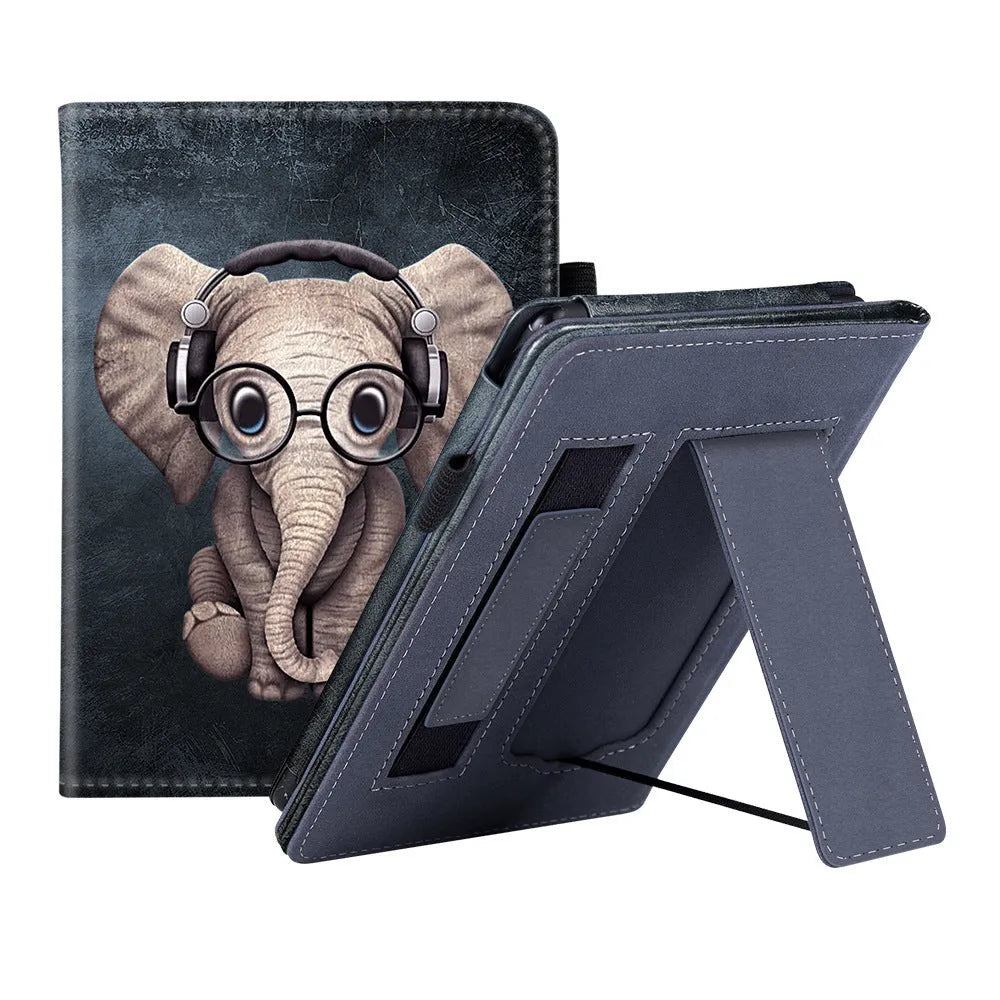 Kindle Paperwhite leather case with wrist splint bracket attached, showing calf leather exterior and microfiber interior