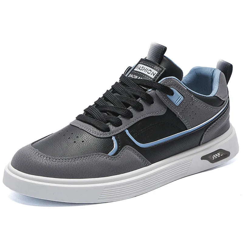 Men's Korean-style low-top canvas board shoes in black, beige, or gray with mesh lining and leather stitching.