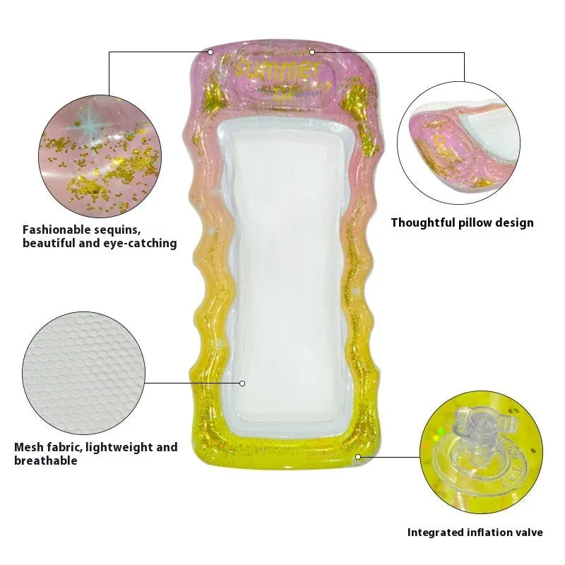 PVC inflatable floating row in gradient colours, available as recliner, canopy float, or sequined fruit design