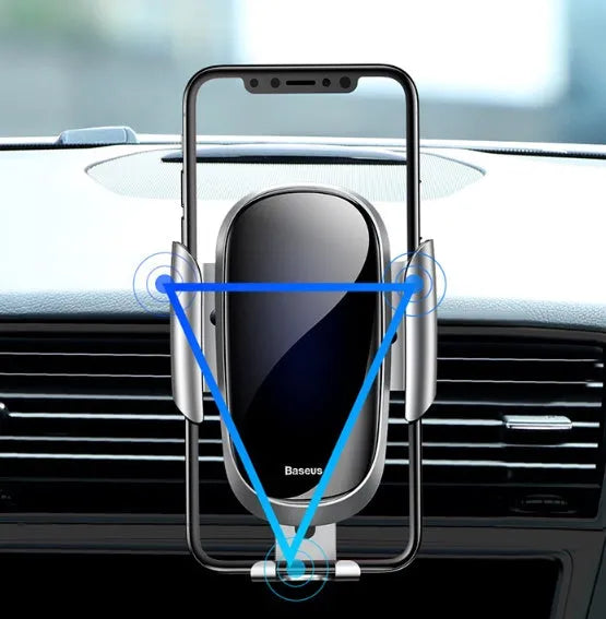 Universal smart car phone mount bracket in black, blue, and silvery grey colours.