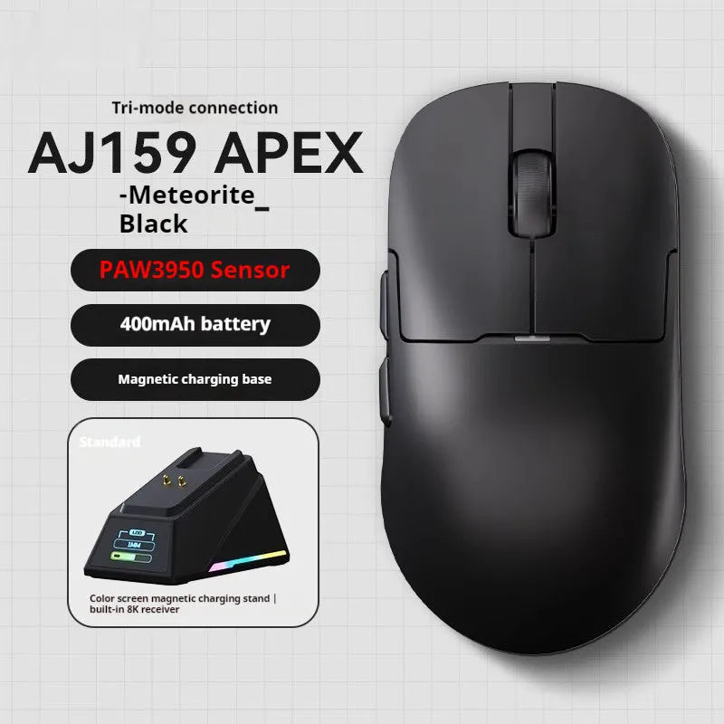 AJ159 white and black gaming mouse with three-mode connectivity on a mouse mat