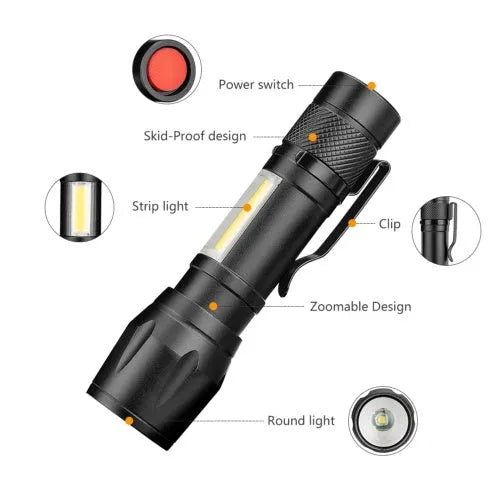 Black aluminium telescopic LED flashlight with zoom adjustment and clip for carrying