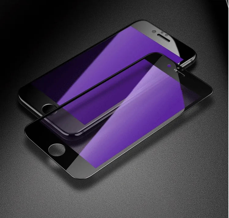3D carbon fibre soft edge tempered glass screen protector for iPhone, showing black and white colour options.