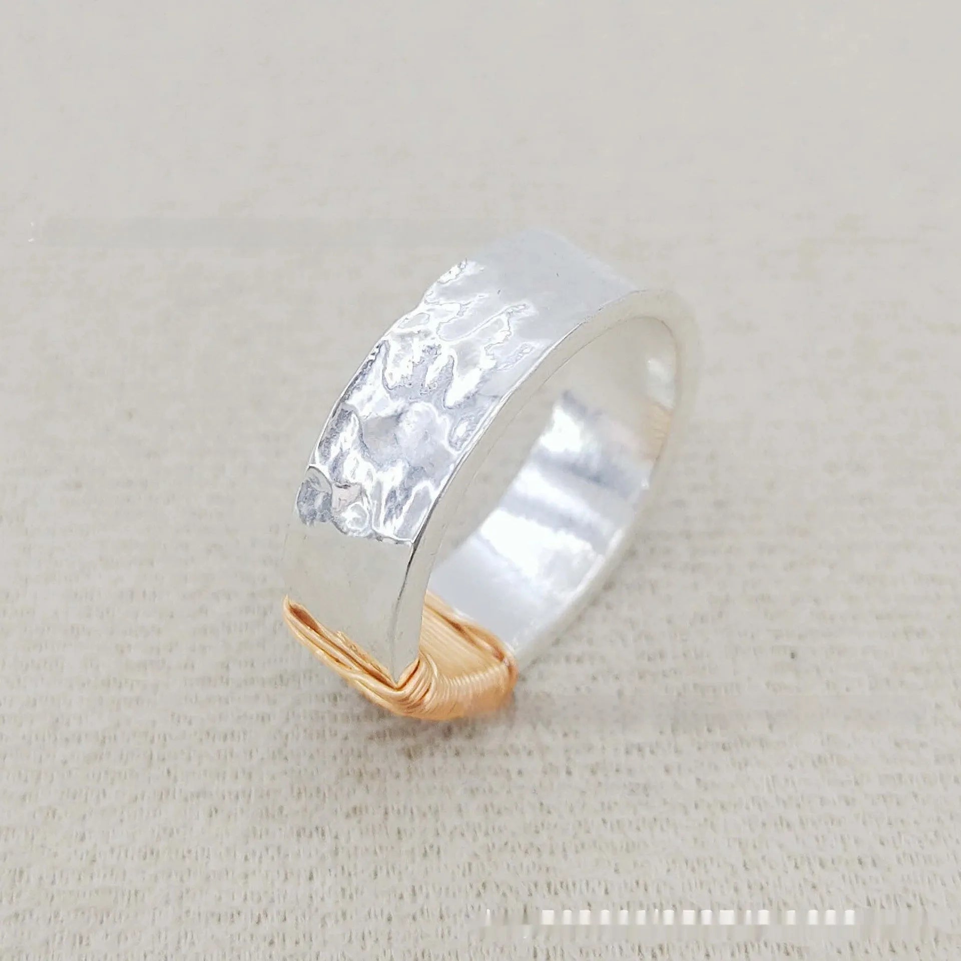 Copper bracelet ring with irregular coil design and electroplated silver-gold finish