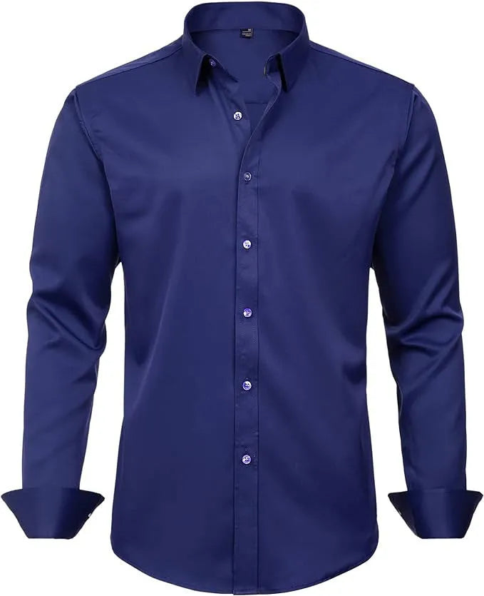 Men's slim-fit long-sleeve solid colour business casual shirt in four-way stretch polyester, shown in available colours and sizes 38/XXXS to 48/XXXXXL