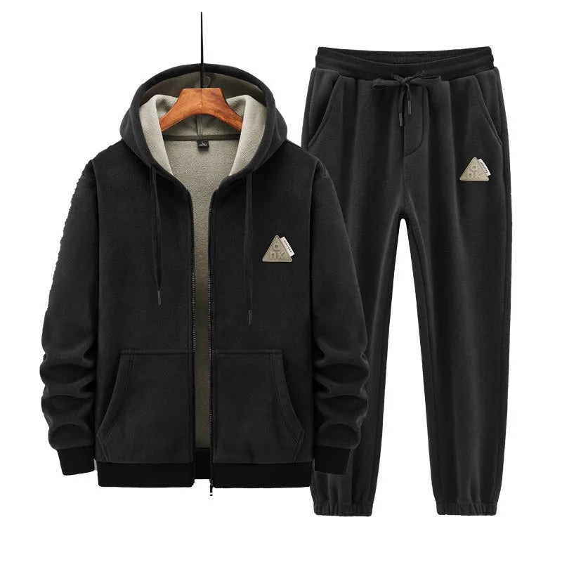 Grey cashmere hooded sweater and cotton pants sports suit set on a hanger