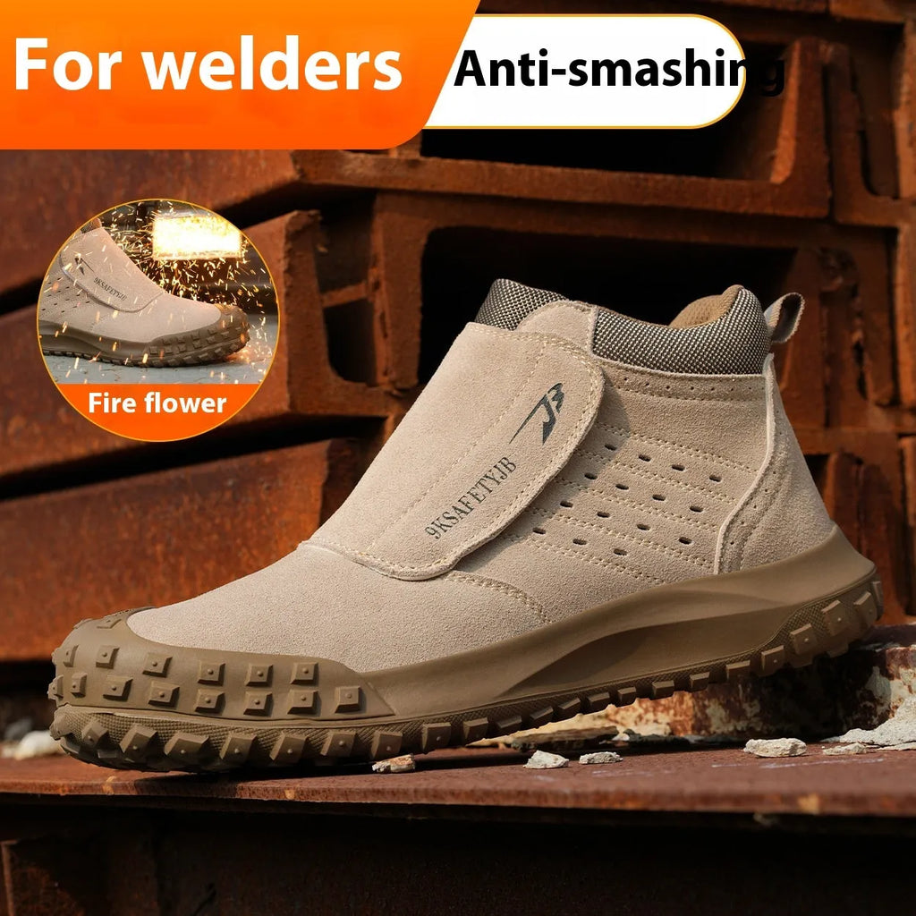 Lightweight welder labour protection safety shoes with steel toe cap and lace-up front, shown in sand colour.