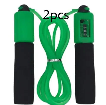 A fitness skipping rope with sponge handles, showing the 3m length and available in black, blue, green, and red colours.
