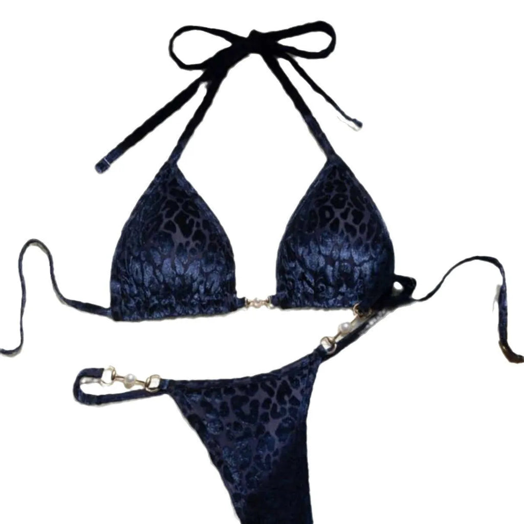Women's leopard print swimwear bikini set with T-shaped design for swimming