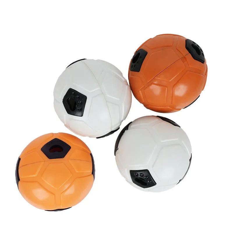 Orange and white TPR dog toy balls for chewing, one hollow and one with a teeth cleaning stick.