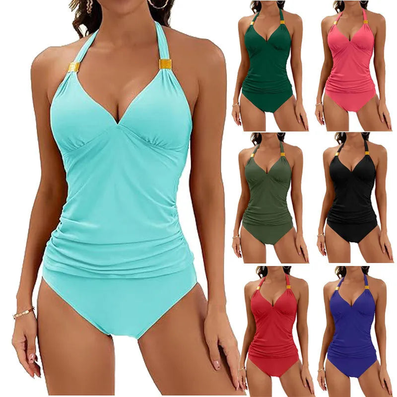 Women's halter neck two-piece swimsuit in solid colour with adjustable tie fastenings.