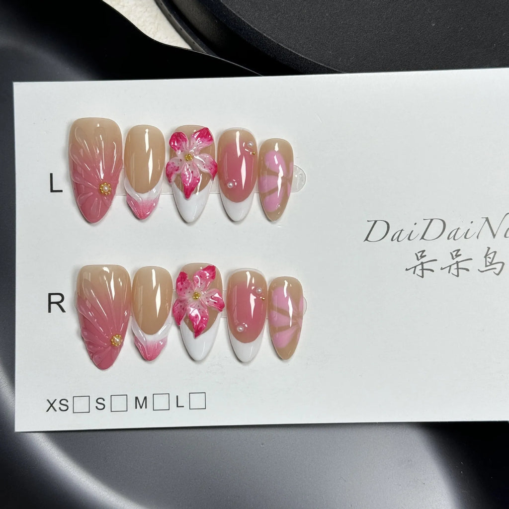French style press-on artificial nails with 3D lily and ice flower design in almond shape.