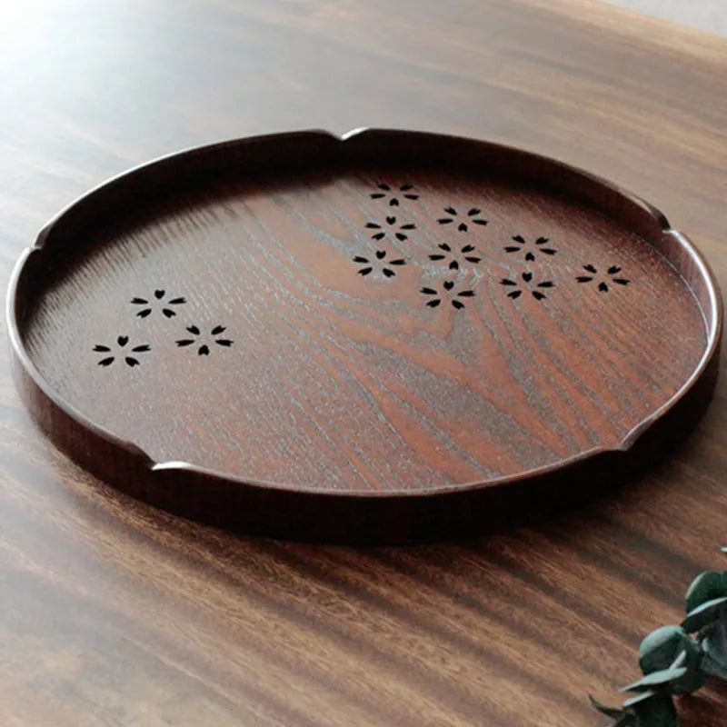 Wooden dessert plate with hollow sakura blossom pattern, 30cm diameter shallow dish
