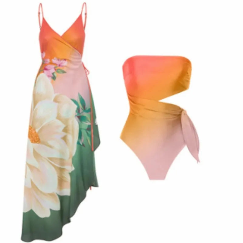 Women's one-piece swimsuit with a blue and white French-style retro floral print, featuring a classic swimsuit cut.