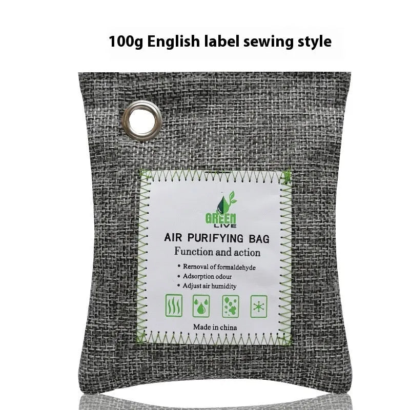 Sewn fabric bag filled with bamboo charcoal for formaldehyde removal and air purification.