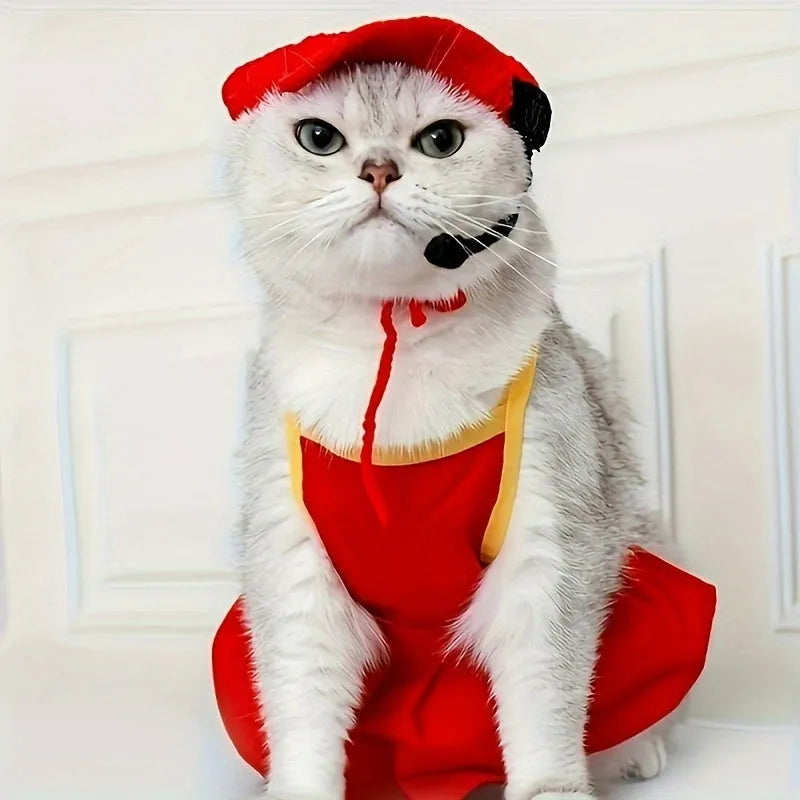 Handmade chef hat and knitted sweater costume for small to medium cat or dog