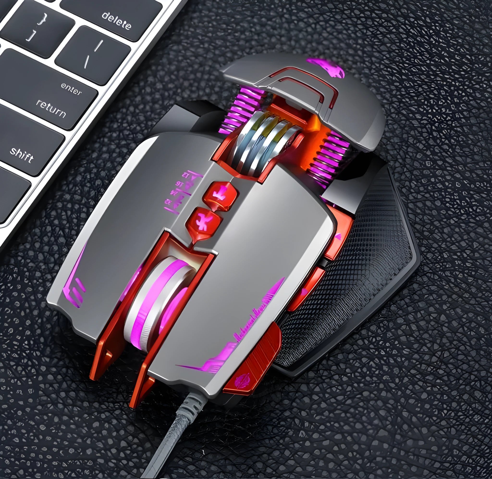 Thunder Wolf V9 black wired gaming mouse with six keys on desktop
