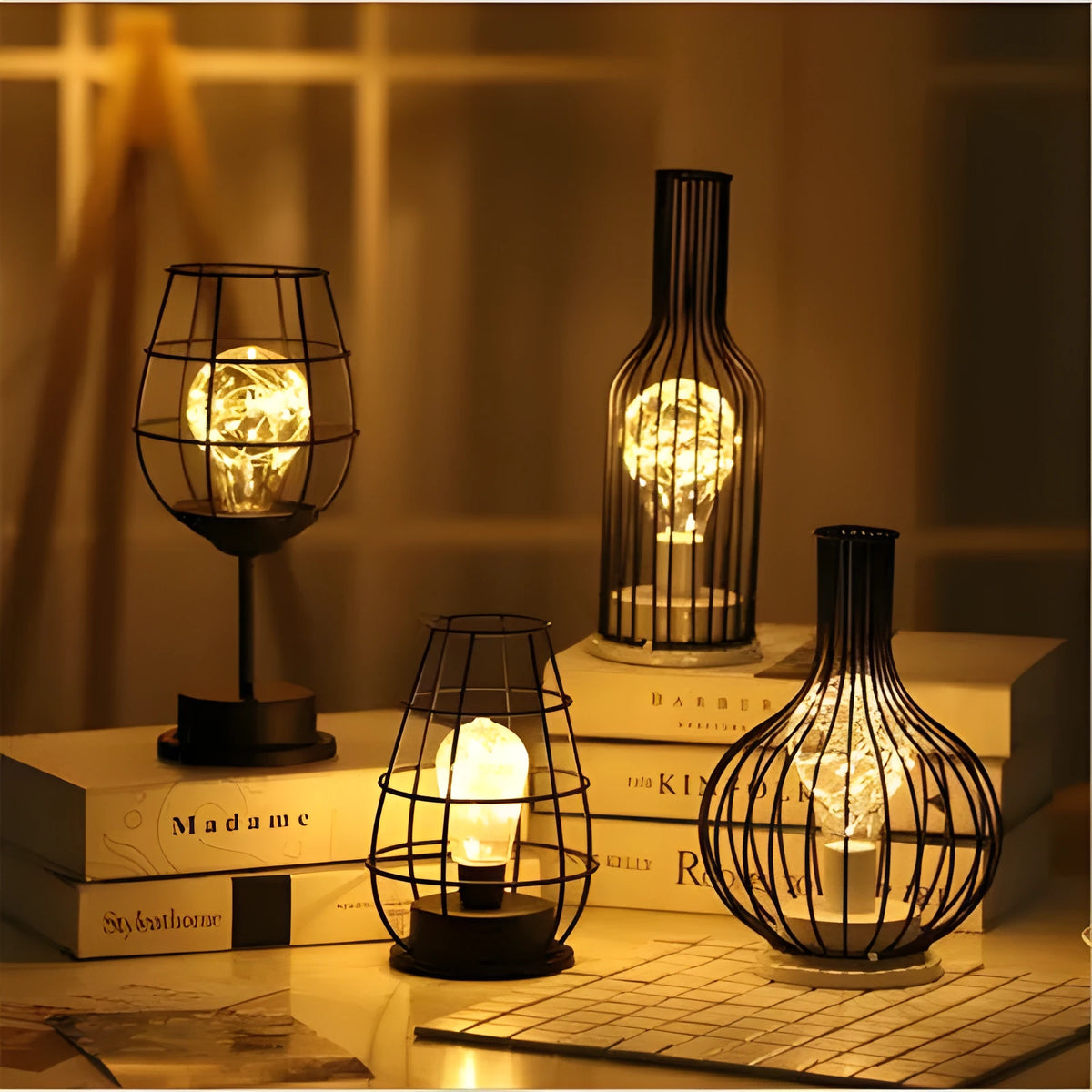 Minimalist iron hollow table lamp with wine bottle design and warm white LED lighting