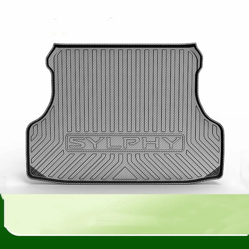 Black TPE car boot liner with a carbon fibre pattern texture, laid flat.