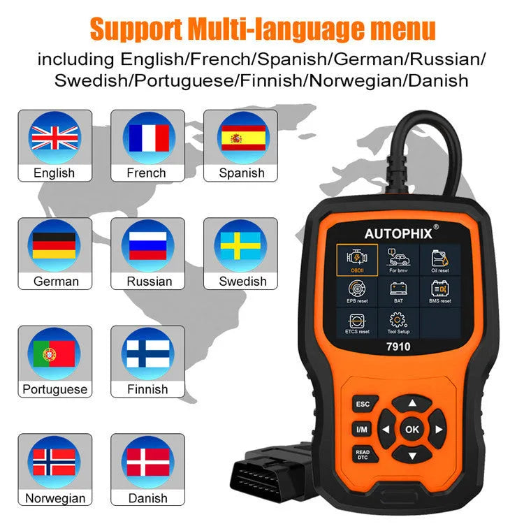 Autophix 7910 BMW diagnostic scanner OBD2 fault code reader with display showing vehicle system diagnostics