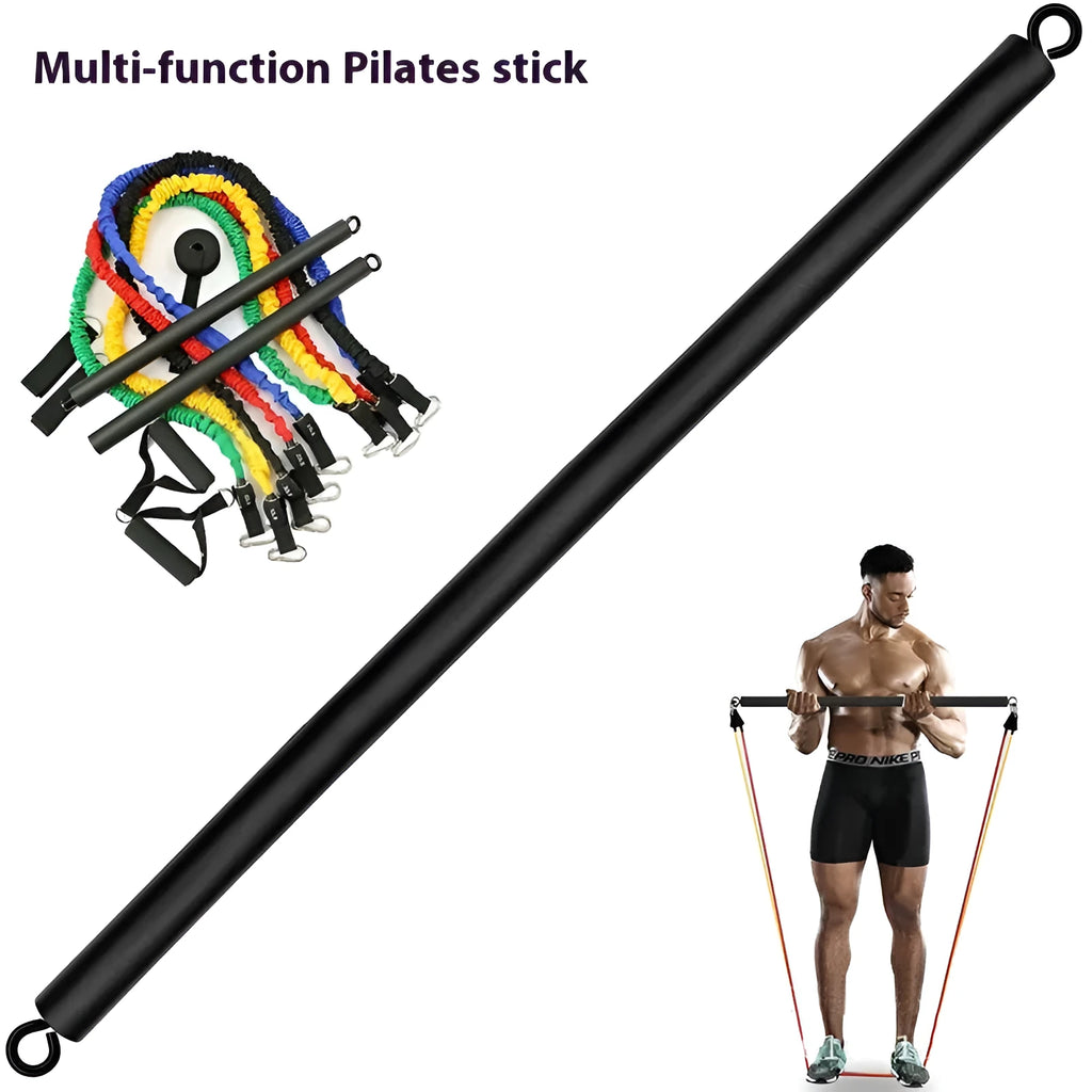 Blue two-segment push-and-pull fitness stick with rope tension system for home exercise