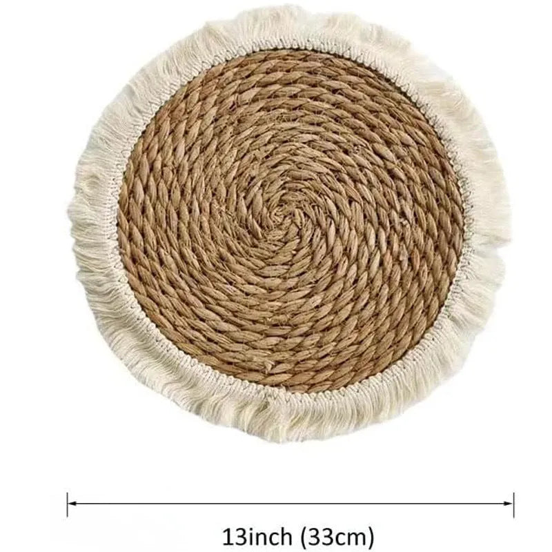 Round papyrus placemat with corn rope tassel edge in solid natural colour, available in multiple sizes.