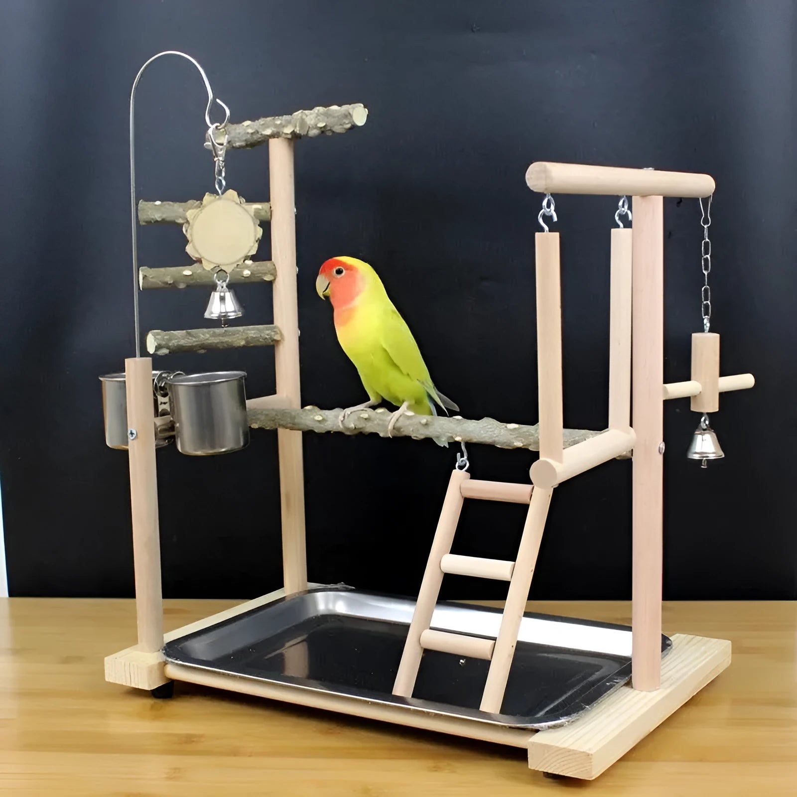 Pepper wood parrot play stand with tiger skin peony and Xuanfeng Xiaotai perch designs for small birds