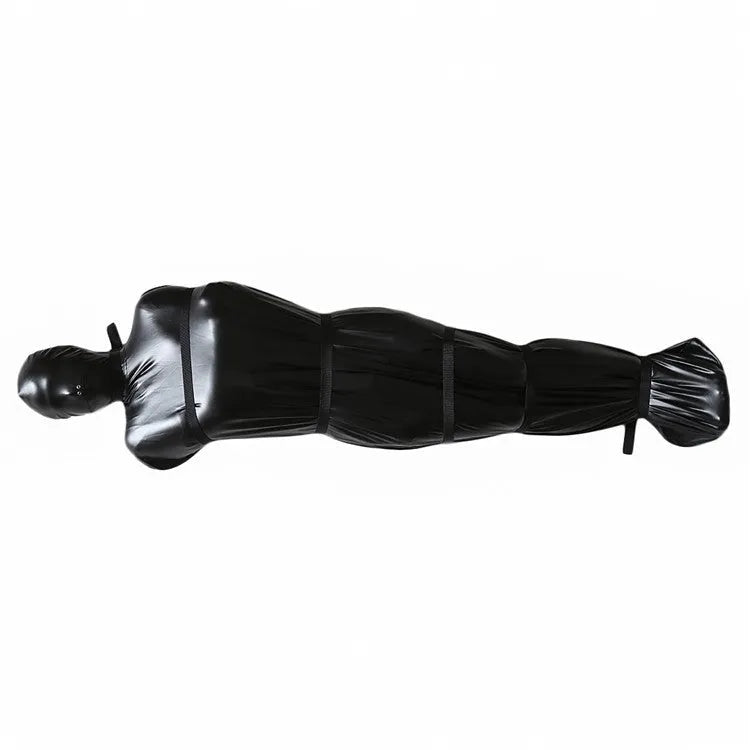 Black patent leather bondage set with body wrap and six ratchet tie down pieces
