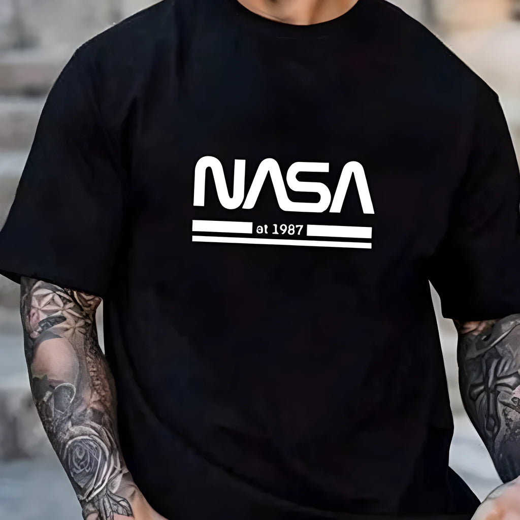 Men's slim-fit short sleeve cotton t-shirt in solid colour with printed letter design available in multiple sizes