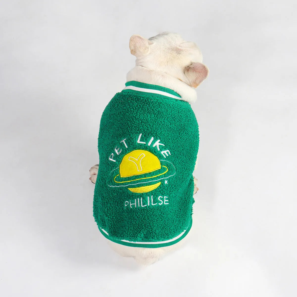Green fleece-lined cotton winter coat for large dogs on a white background