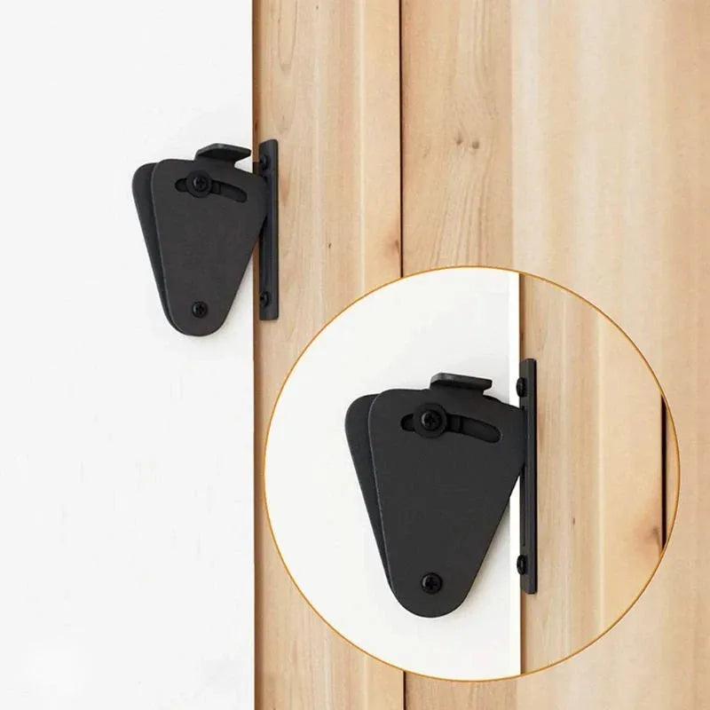 Black stainless steel sliding barn door lock for internal doors shown in two sizes, S and M