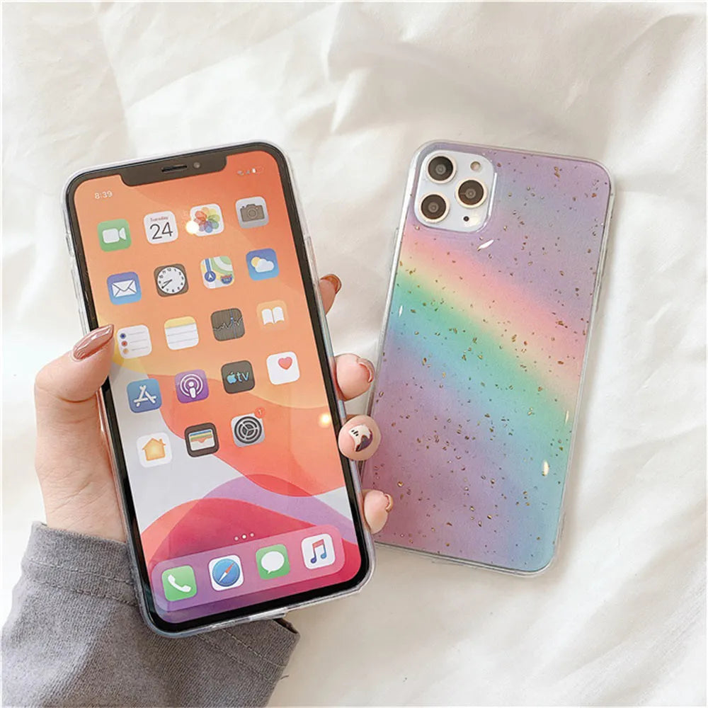 Rainbow colour gradient stripe pattern on a flexible TPU protective case for an iPhone.