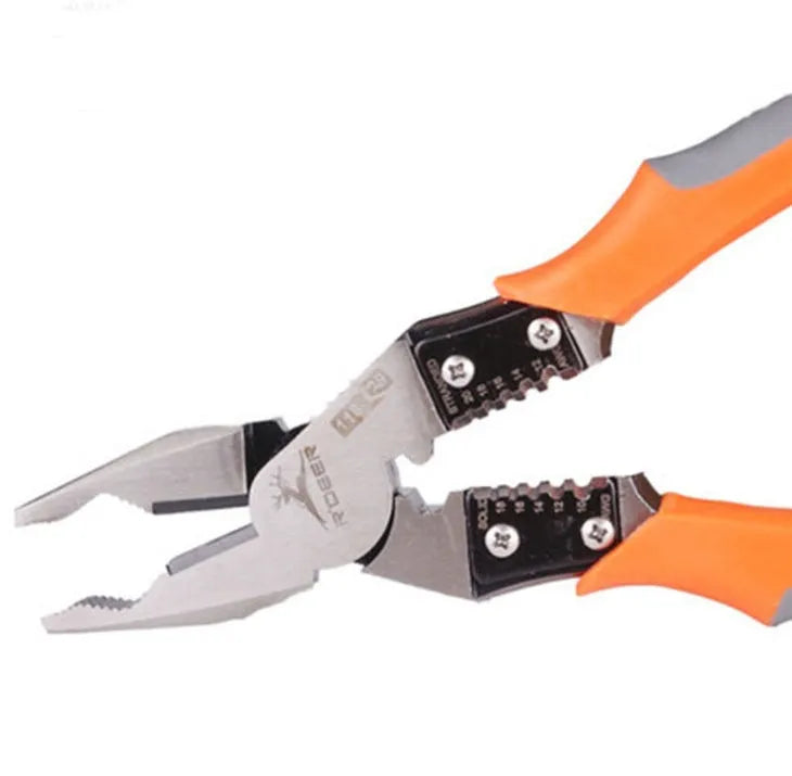 Orange multi-function wire cutter pliers with chrome steel jaws and textured PVC handles.