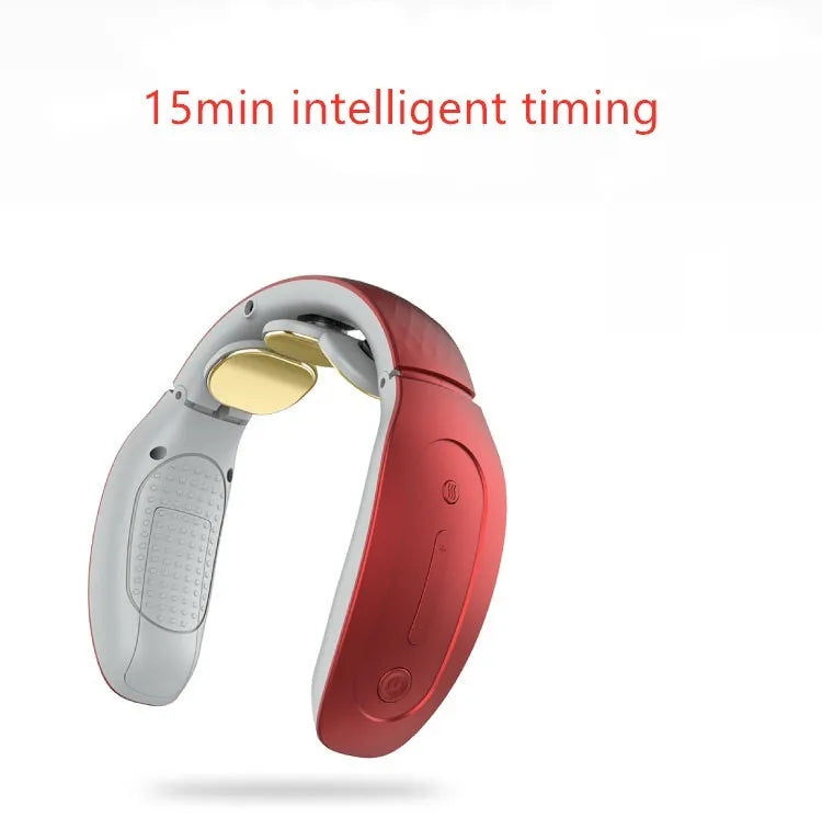 Small red and white handheld intelligent cervical massager on a grey background