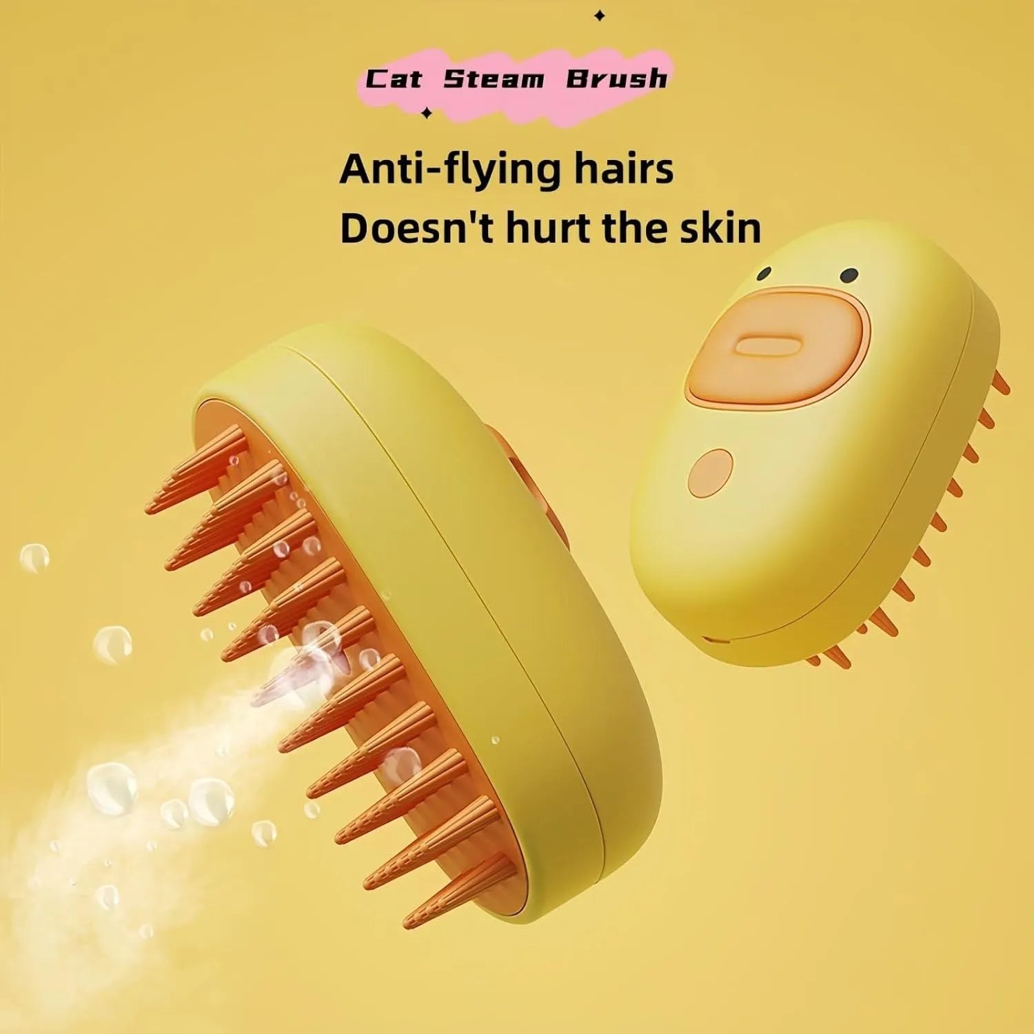 White or yellow rechargeable steam brush for grooming cats and dogs with rubber comb teeth
