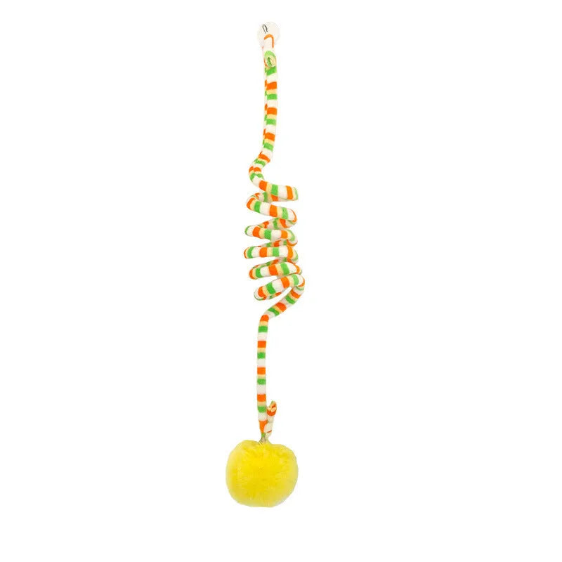 Hanging cat toy with colourful spring bell stick and inflatable ball attached to clear suction cup