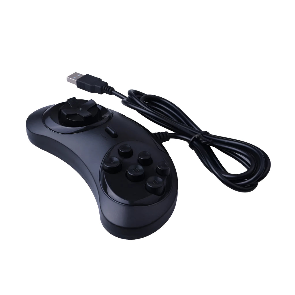 Black Sega USB PC game controller with 1.8-metre cable on grey background