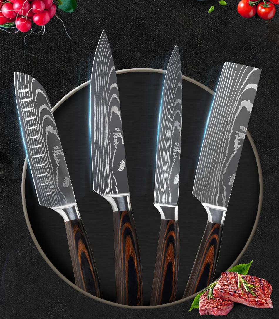 Chef knife with laser Damascus pattern on 7CR17 steel blade and colour steel handle.