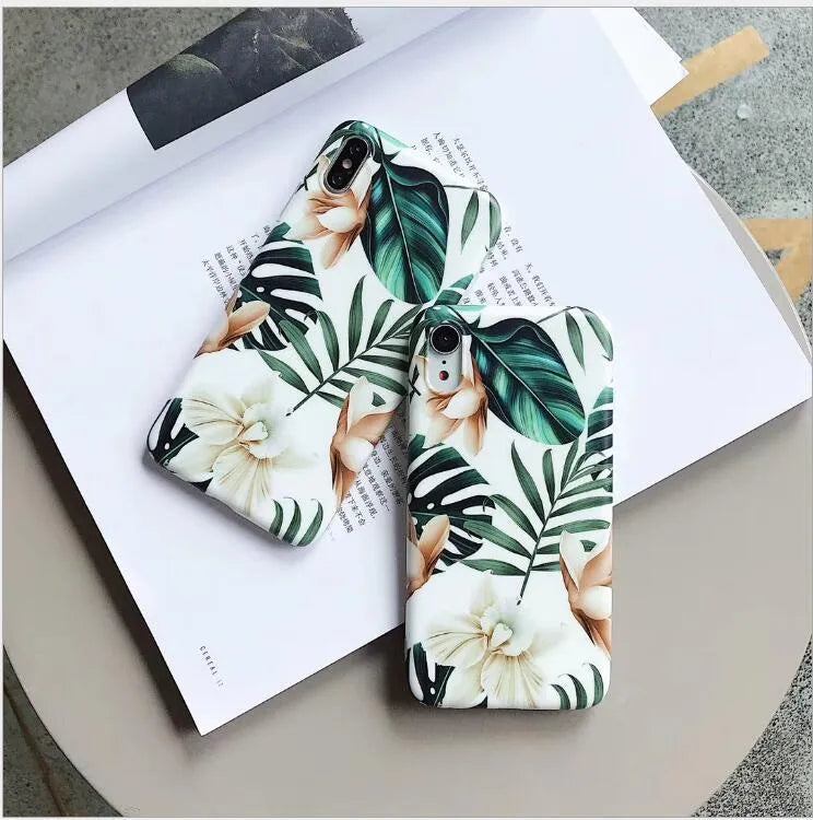 Green banana leaf and floral pattern on a soft TPU iPhone case for models like XS Max and XR.