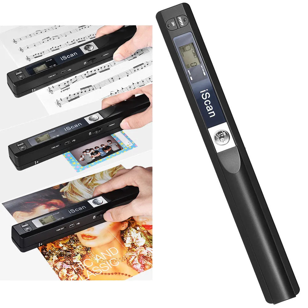 Handheld plastic scanner shown in black, blue, green, red, and silver colour options.